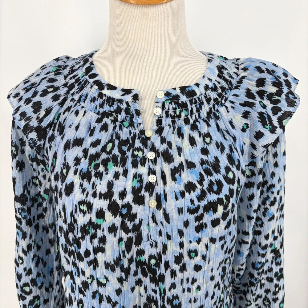 LOFT Blouse Blue Leopard Print Ruffle Shoulder Smocked Neck Gauzy Textured Small